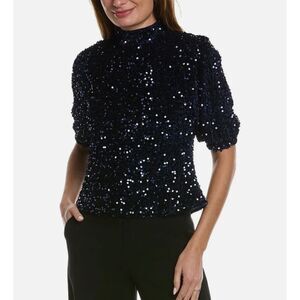 NWT Nanette Lepore Black Sequin Puff Sleeve Top‎ Party Evening Cocktail Size L